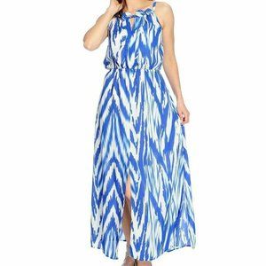 Blue Ikat Print Halter Maxi Dress